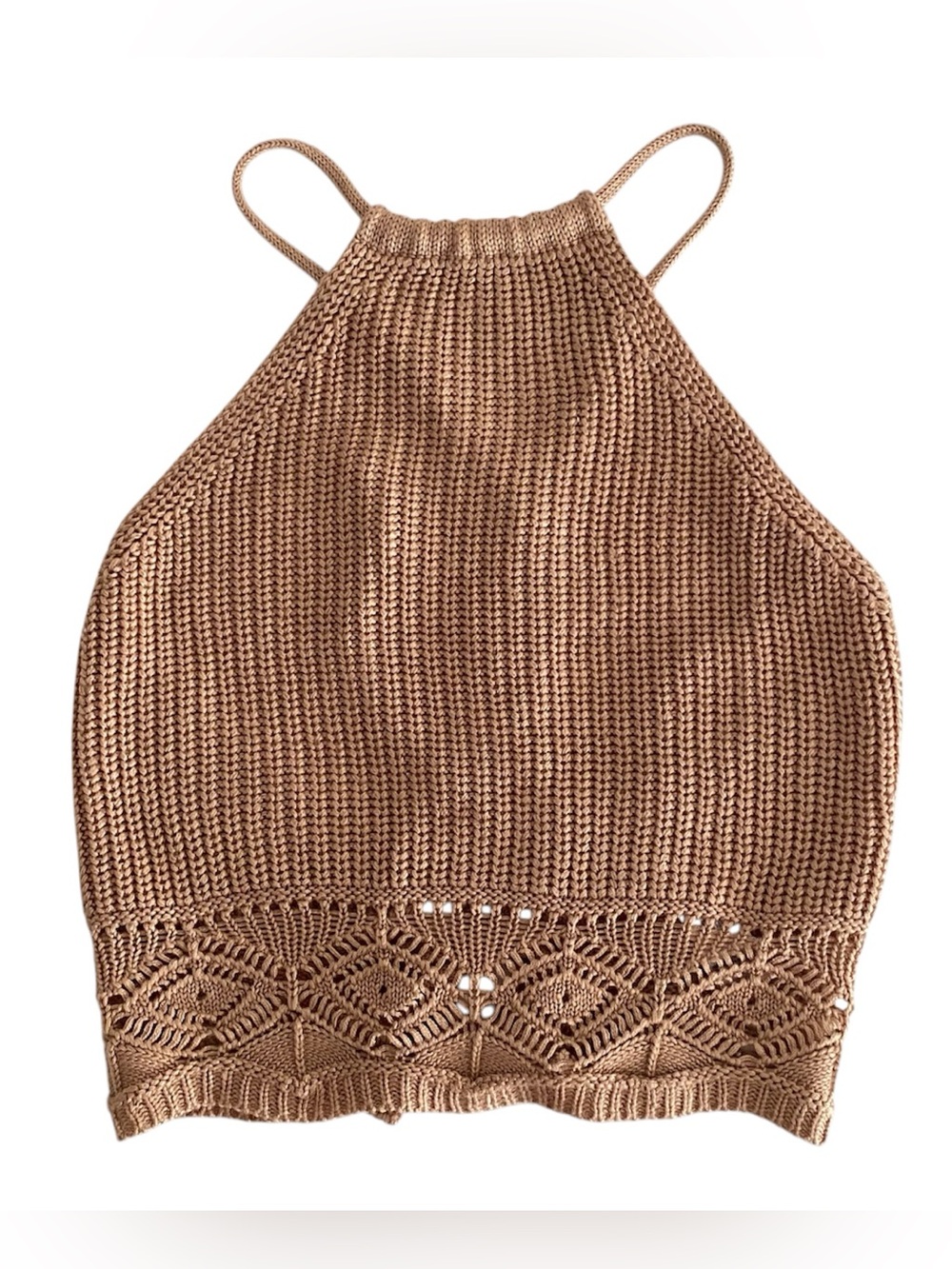 Jolie & Joy Tilly's High Neck Lace Back Crochet Knit Halter Brown Top Women's S